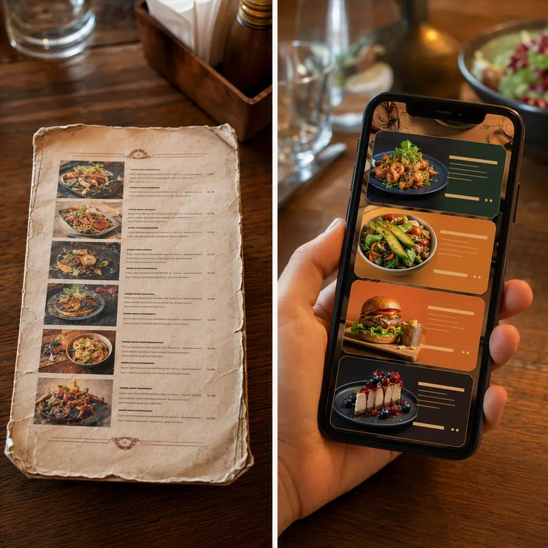 Comparação entre cardápio impresso em papel e cardápio digital no celular