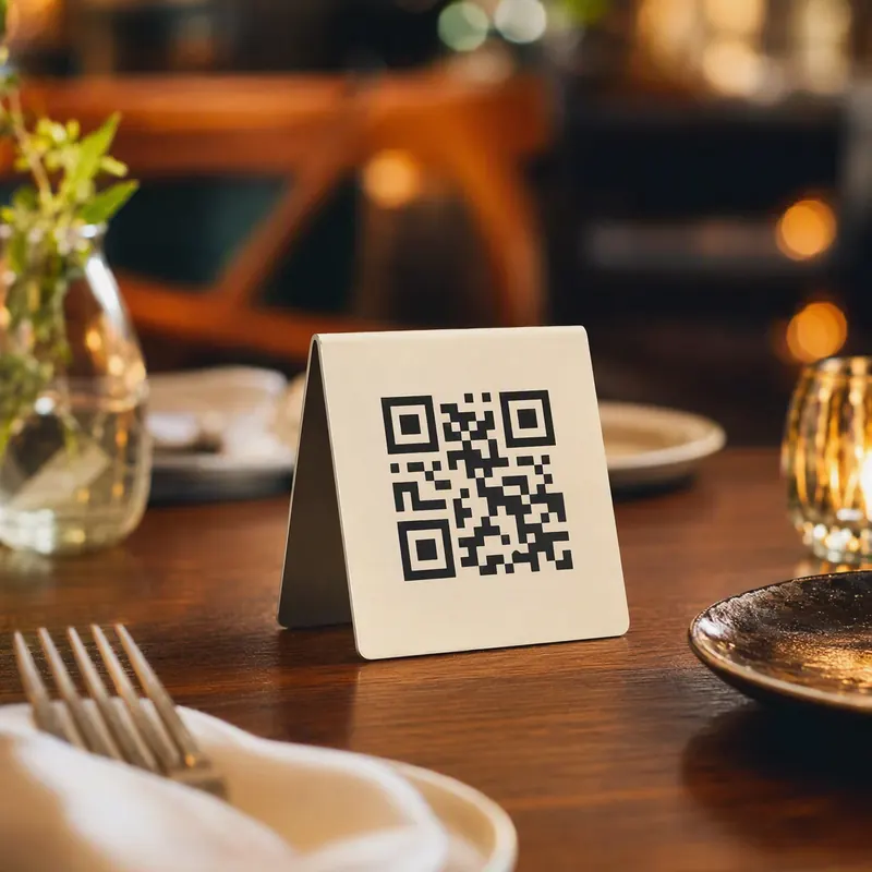 QR Code em suporte de mesa de restaurante para acessar o cardápio digital