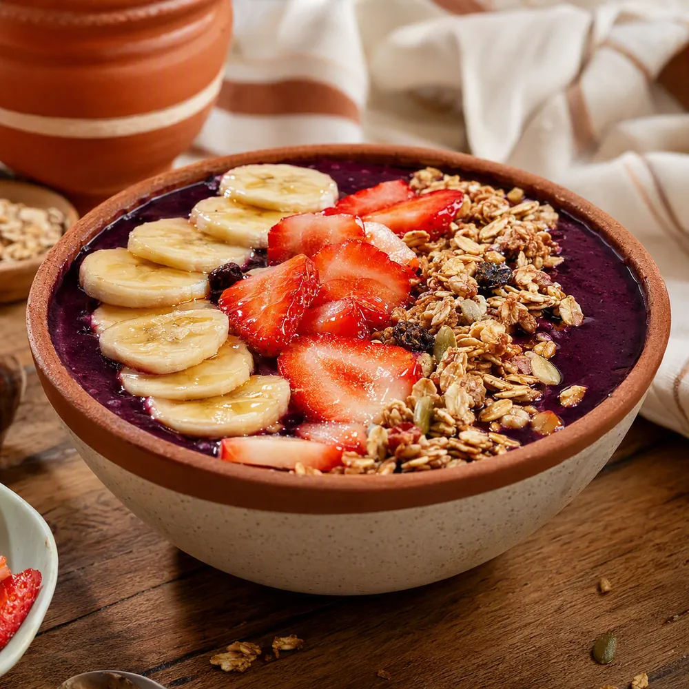 Açaí montado em tigela com granola, frutas e toppings variados
