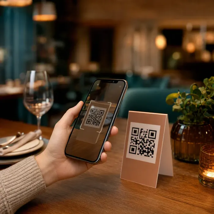 Cliente escaneando QR Code na mesa do restaurante com o celular