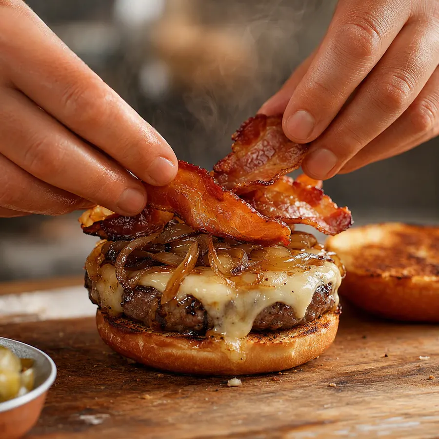 Hambúrguer sendo montado com adicionais como bacon e cebola caramelizada
