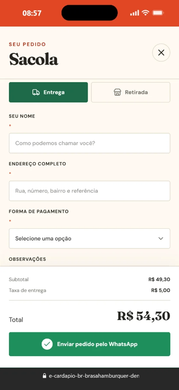 Finalização do pedido, enviado direto pelo WhatsApp