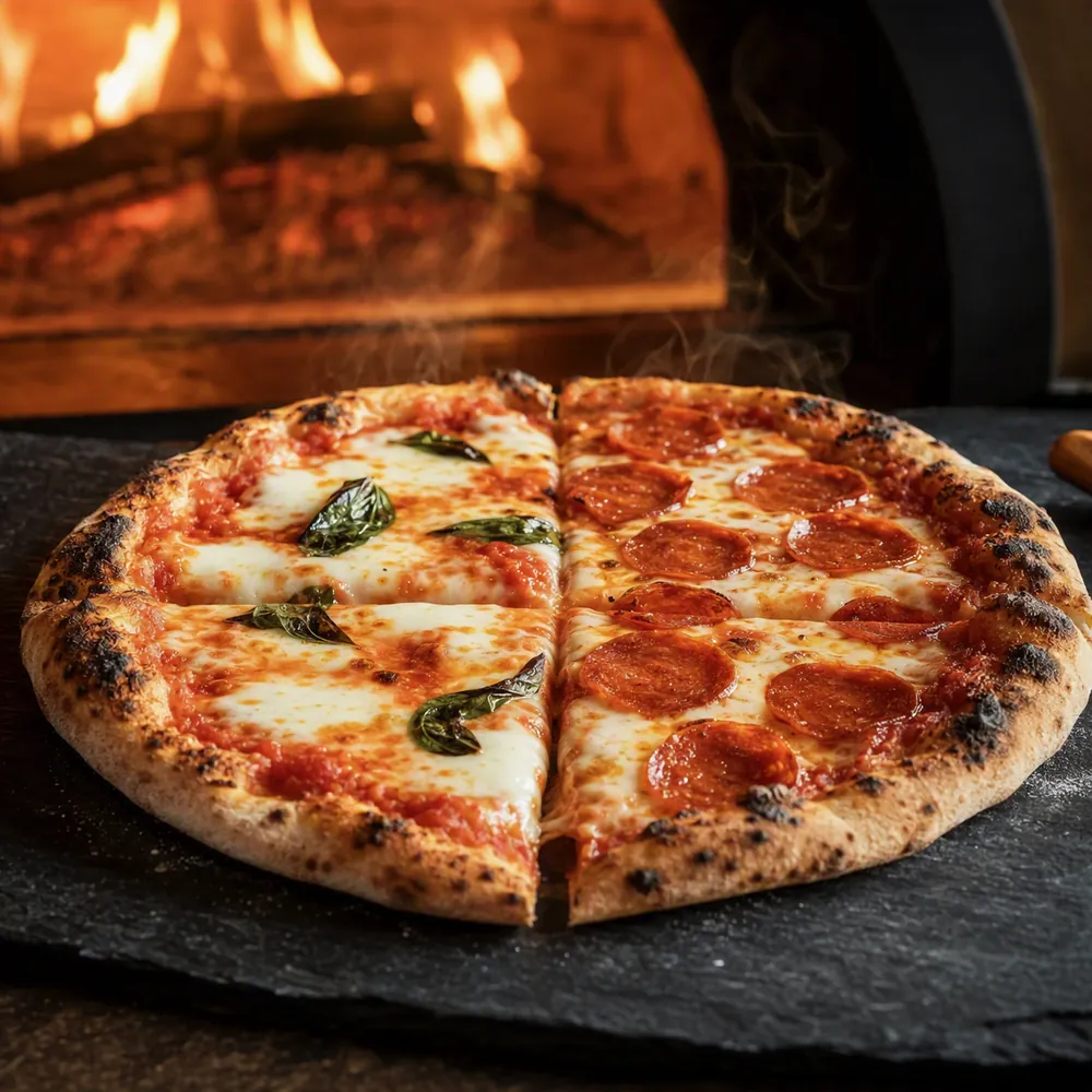 Pizza meio a meio recém-saída do forno, dois sabores diferentes