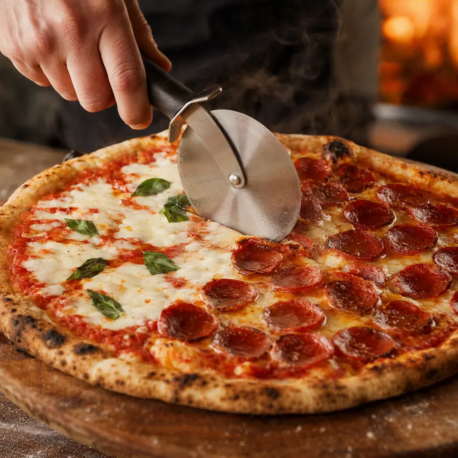 Pizza meio a meio sendo cortada em fatias, dois sabores diferentes