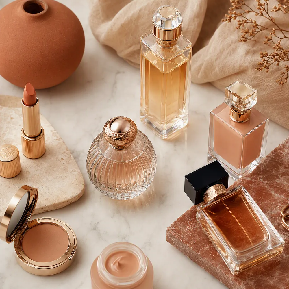 Vitrine de perfumes e cosméticos de diferentes marcas organizados