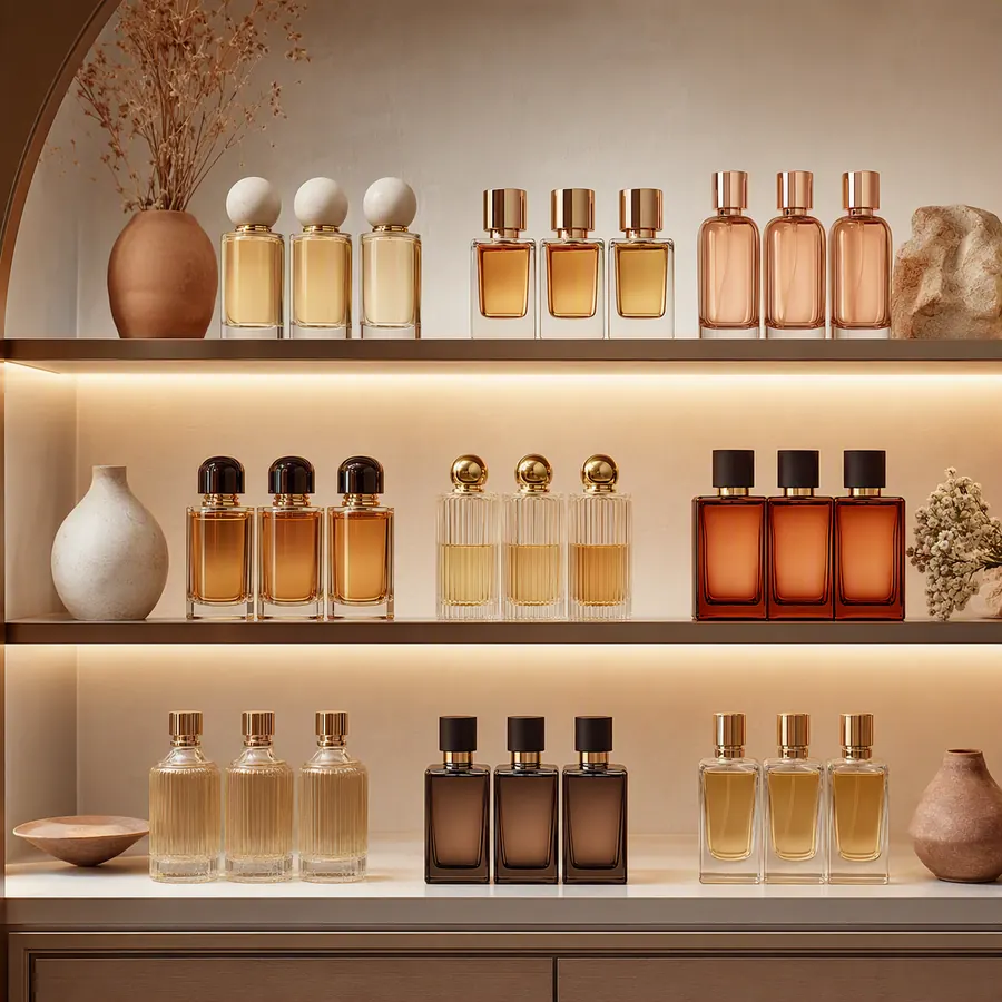 Prateleira de perfumes organizados por marca e categoria