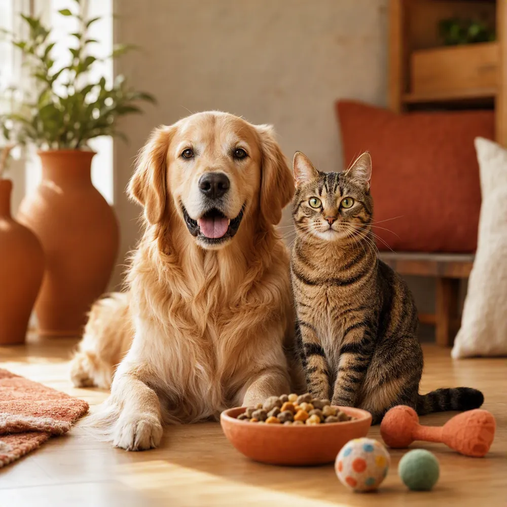 Cão e gato ao lado de petiscos e brinquedos de pet