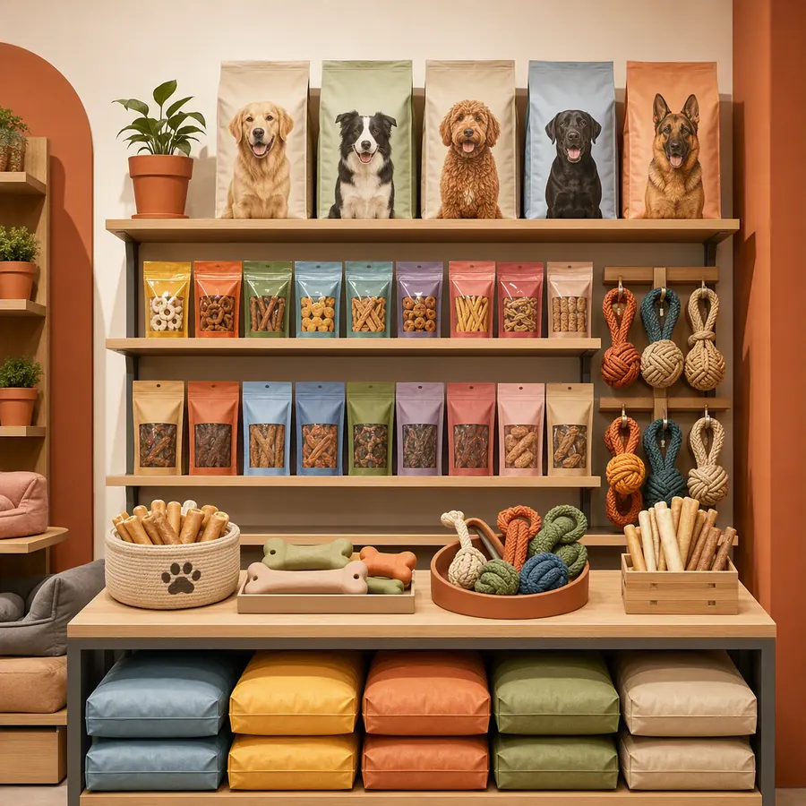 Prateleira organizada com ração, petiscos e brinquedos para pets